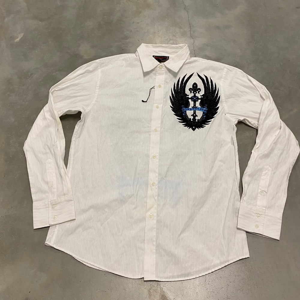 Patroncito USA Mens XL White Winged Cross Graphic Long Sleeve Button Down Shirt